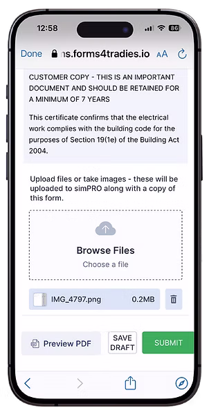 forms4tradies mobile form showing a compliance certificate upload screen with a Browse Files button